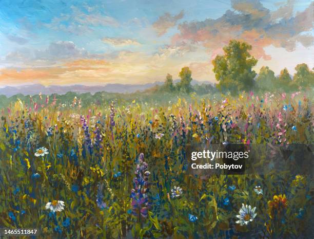 summer meadow, painting - cornflower stock illustrations