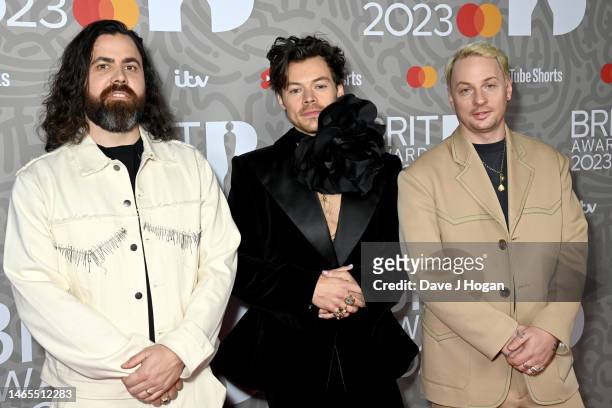 Tyler Johnson, Harry Styles and Kid Harpoon attend The BRIT Awards 2023 at The O2 Arena on February 11, 2023 in London, England.