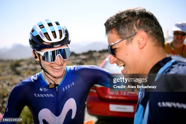 Stage winner Matteo Jorgenson of The United States and Movistar Team reacts after the 12th Tour of Oman 2023, Stage 3 a 151,8km stage from Al Khobar...