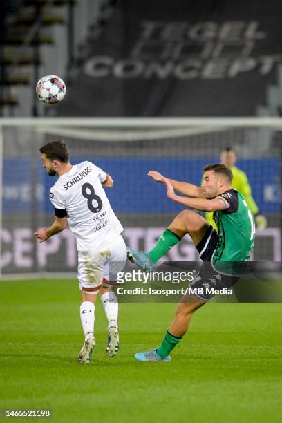Jean Harisson Marcelin of Cercle Brugge battles for the ball with Siebe Schrijvers of OH Leuven during the Jupiler Pro League season 2022 - 2023...