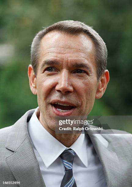 Artist Jeff Koons looks on after the opening of the exhibition 'Jeff Koons. The Painter & The Sculptor' at the Liebighaus museum on June 19, 2012 in...