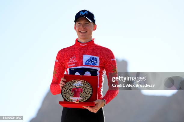 Matteo Jorgenson of The United States and Movistar Team celebrates at podium as Red Leader Jersey winner during the 12th Tour of Oman 2023, Stage 3 a...