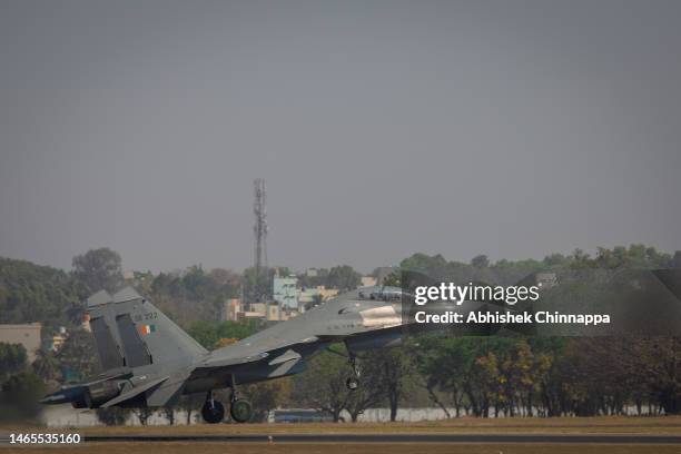 An Indian Air Force Sukhoi Su-30MKI takes off during the inauguration of the Aero India 2023 at the Yelahanka Air Force Station on February 13, 2023...