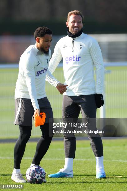 Harry Kane and Arnaut Danjuma of Tottenham Hotspur during a training session ahead of their UEFA Champions League round of 16 match against AC Milan...