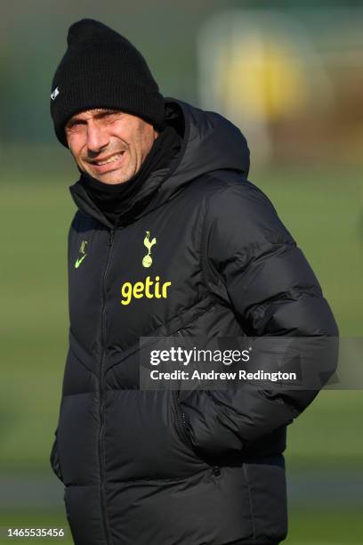 Antonio Conte, Manager of Tottenham Hotspur looks on during a training session ahead of their UEFA Champions League round of 16 match against AC...