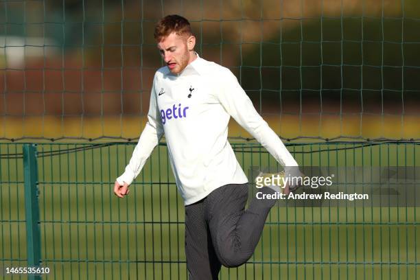 Dejan Kulusevski of Tottenham Hotspur stretches during a training session ahead of their UEFA Champions League round of 16 match against AC Milan at...