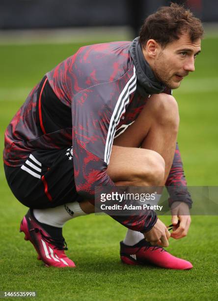Leon Goretzka of FC Bayern Muenchen during a training session ahead of their UEFA Champions League round of 16 match against Paris Saint-Germain at...