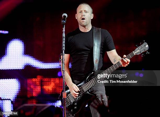 Mike Kroeger of Nickelback performs in support he bands' Here and Now release at HP Pavilion on June 18, 2012 in San Jose, California.