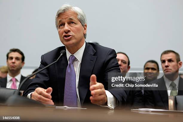 JPMorgan Chase & Co Chairman and CEO Jamie Dimon testifies before the House Financial Services Committee on Capitol Hill June 19, 2012 in Washington,...