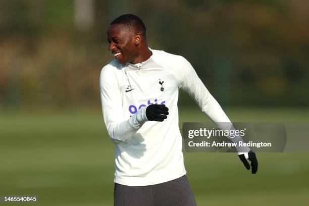 Pape Matar Sarr of Tottenham Hotspur reacts during a training session ahead of their UEFA Champions League round of 16 match against AC Milan at...