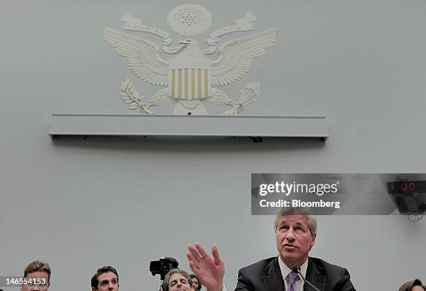 Jamie Dimon, chief executive officer of JPMorgan Chase & Co., testifies at a House Financial Services Committee hearing in Washington, D.C., U.S., on...