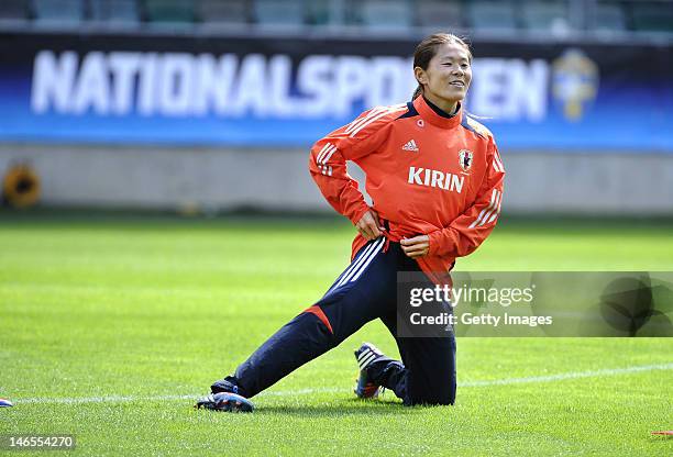 Homare Sawa of Japan attends a training session prior to their Women's Volvo Winners Cup match against Sweden, at Gamla Ullevi stadium on June 19,...