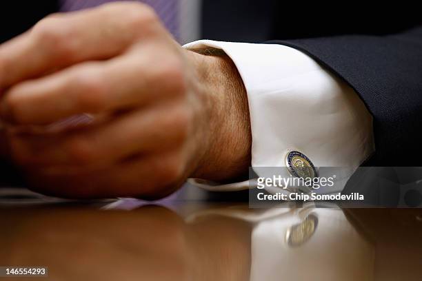 JPMorgan Chase & Co Chairman and CEO Jamie Dimon wears U.S. Presidential cuff links while testifying before the House Financial Services Committee on...
