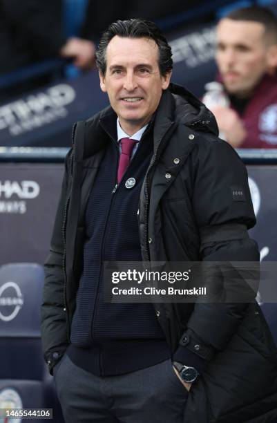 Unai Emery, Manager of Aston Villa, looks on prior to the Premier League match between Manchester City and Aston Villa at Etihad Stadium on February...