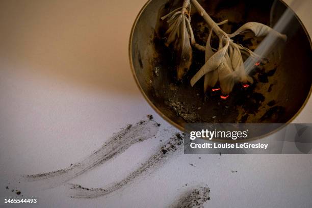 sage burning in a bowl - burning sage stock pictures, royalty-free photos & images