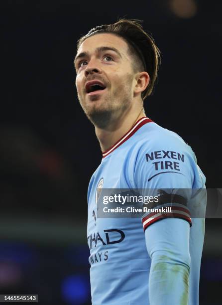 Jack Grealish of Manchester City reacts during the Premier League match between Manchester City and Aston Villa at Etihad Stadium on February 12,...