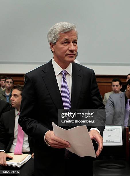 Jamie Dimon, chief executive officer of JPMorgan Chase & Co., arrives to testify at a House Financial Services Committee hearing in Washington, D.C.,...