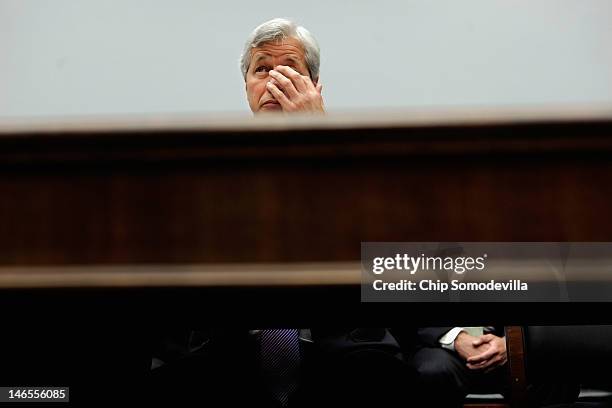 JPMorgan Chase & Co Chairman and CEO Jamie Dimon testifies before the House Financial Services Committee on Capitol Hill June 19, 2012 in Washington,...
