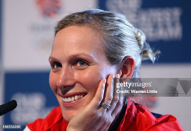 Zara Phillips of Team GB addresses the press as the Team GB eventing athletes are announced for London 2012 Olympic Games at the University of...