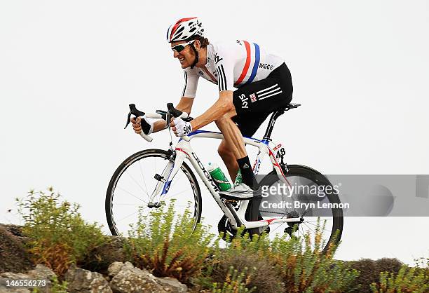 Team SKY rider Bradley Wiggins of Great Britain trains in the mountains of Mallorca in preparation for the 2012 Tour de France on June 19, 2012 in...