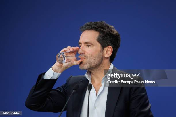 The spokesman of the PP campaign committee, Borja Semper, drinks water during a press conference after the meeting of the Management Committee of the...