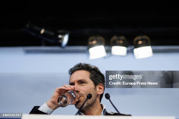 The spokesman of the PP campaign committee, Borja Semper, drinks water during a press conference after the meeting of the Management Committee of the...