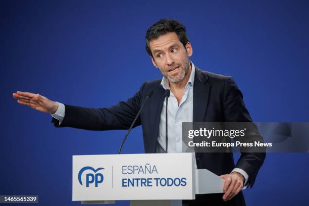 The spokesman of the PP campaign committee, Borja Semper, drinks water during a press conference after the meeting of the Management Committee of the...