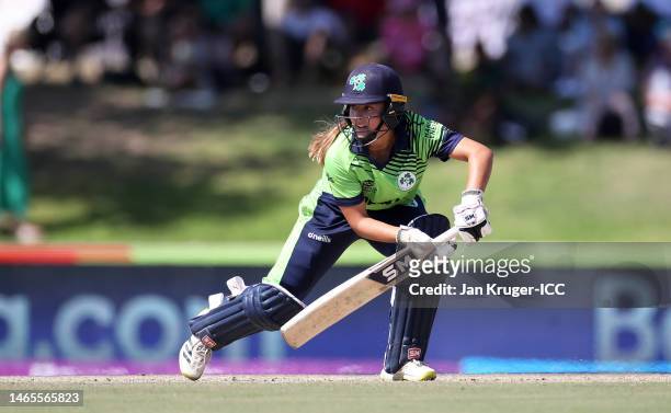 Amy Hunter of Ireland plays a shot during the ICC Women's T20 World Cup group B match between Ireland and England at Boland Park on February 13, 2023...