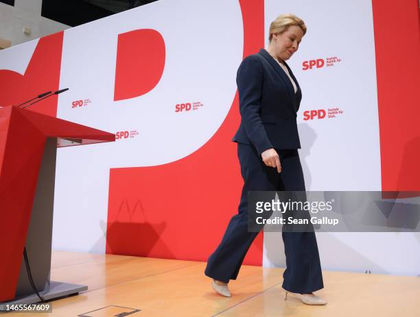 Berlin Governing Mayor and Social Democrat Franziska Giffey leaves the podium after speaking to the media the day after the Berlin state election...