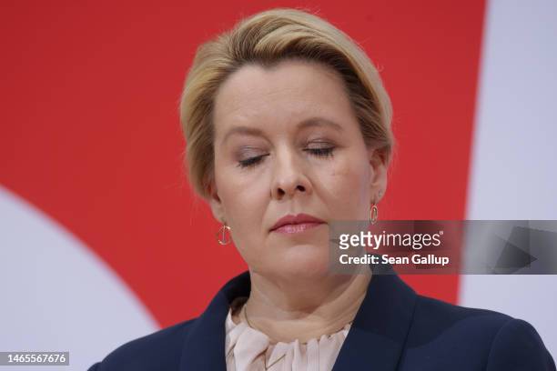 Berlin Governing Mayor and Social Democrat Franziska Giffey reacts as she speaks to the media the day after the Berlin state election redo on...