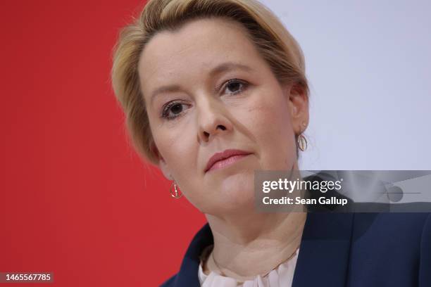 Berlin Governing Mayor and Social Democrat Franziska Giffey speaks to the media the day after the Berlin state election redo on February 13, 2023 in...