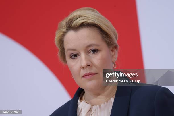 Berlin Governing Mayor and Social Democrat Franziska Giffey speaks to the media the day after the Berlin state election redo on February 13, 2023 in...