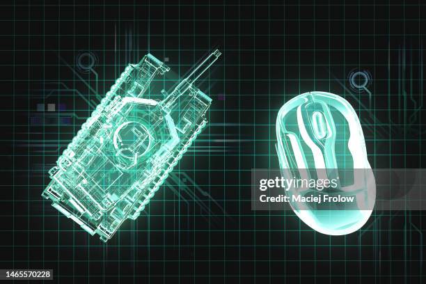 illustration of tank and computer mouse - cyber war stock pictures, royalty-free photos & images