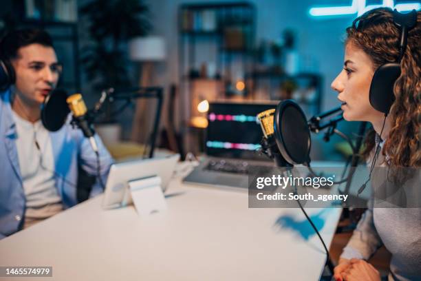 people in the podcast studio talking and recording - radio studio stock pictures, royalty-free photos & images