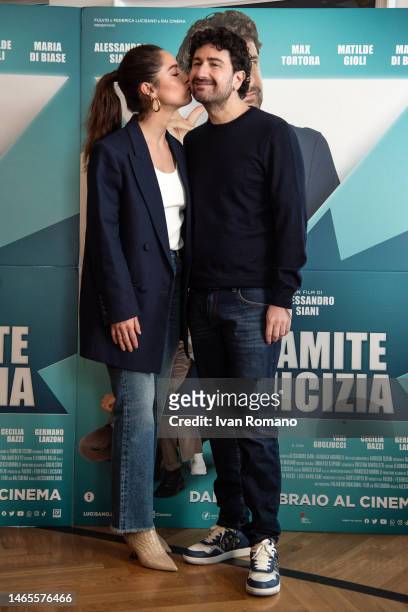 Matilde Gioli and Alessandro Siani attend the "Tramite Amicizia" photocall on February 13, 2023 in Naples, Italy.