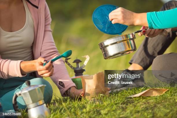 female friends preparing lunch at campsite - gasspis bildbanksfoton och bilder