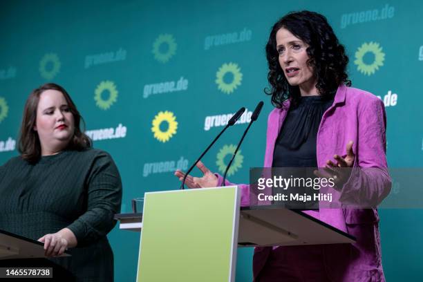 Germany's Greens party co-leader Ricarda Lang and Greens top candidate for the Berlin state elections Bettina Jarasch attend a news conference on...