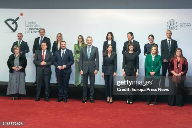 In the front row, the Mayor of Aviles, Marivi Monteserin ; the President of Asturias, Adrian Barbon ; King Felipe VI ; Queen Letizia ; the Minister...