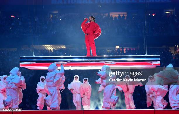 Rihanna performs during Apple Music Super Bowl LVII Halftime Show at State Farm Stadium on February 12, 2023 in Glendale, Arizona.