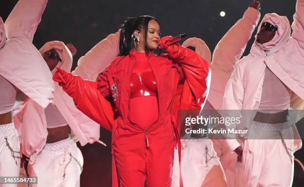 Rihanna performs during Apple Music Super Bowl LVII Halftime Show at State Farm Stadium on February 12, 2023 in Glendale, Arizona.
