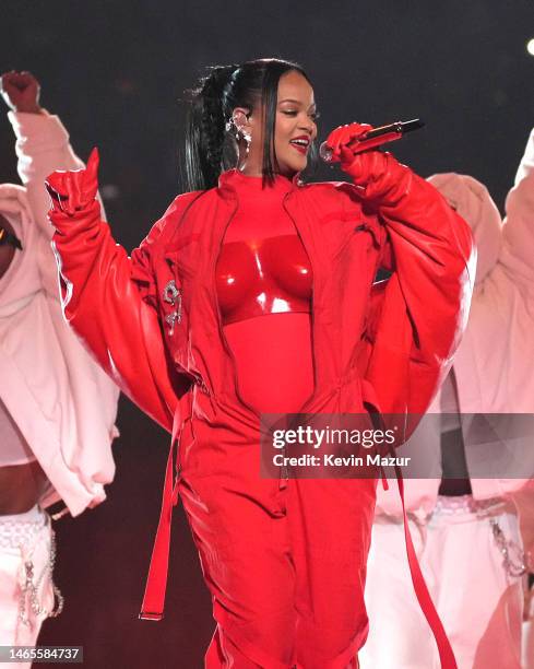 Rihanna performs during Apple Music Super Bowl LVII Halftime Show at State Farm Stadium on February 12, 2023 in Glendale, Arizona.