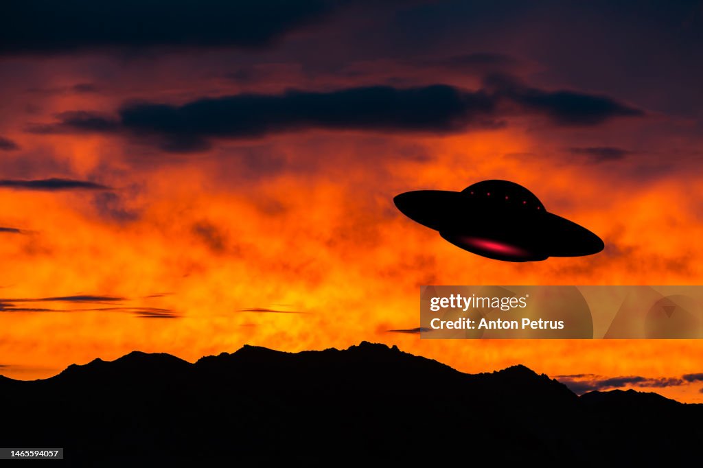 Unidentified flying object in the sky. UFO invasion