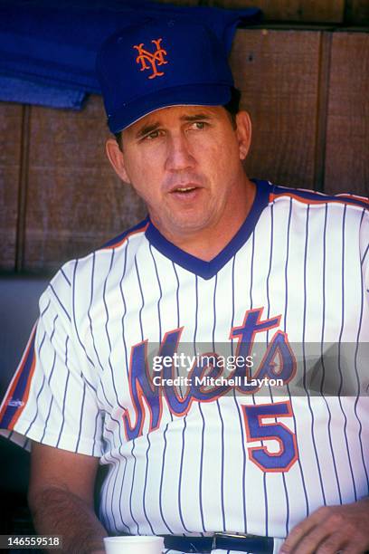 Manager Davey Johnson of the New York Mets looks on before a baseball game against the Cincinnati Reds on July 6, 1989 at Shea Stadium in the...