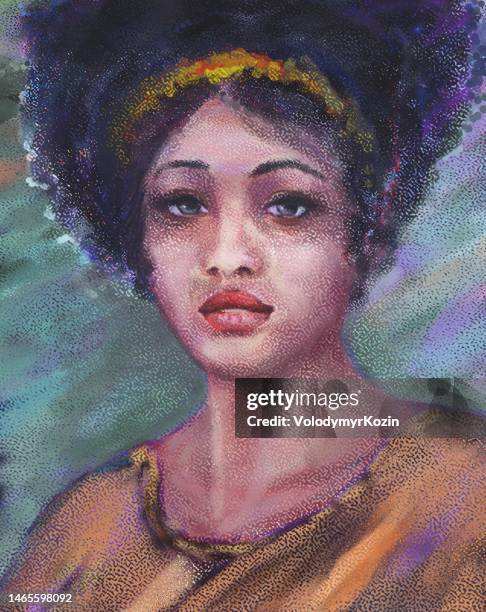 picturesque portrait of a dark-skinned woman of mixed ethnicity with thick black hair in a retro style - thick black woman 幅插畫檔、美工圖案、卡通及圖標