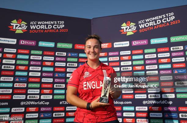 Alice Capsey of England poses after being named Player of the Match following the ICC Women's T20 World Cup group B match between Ireland and England...