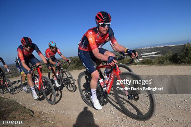 Ben Turner of The United Kingdom, Andreas Kron of Denmark and Team Lotto Dstny and Ben Tullett of Great Britain and Team INEOS Grenadiers compete on...