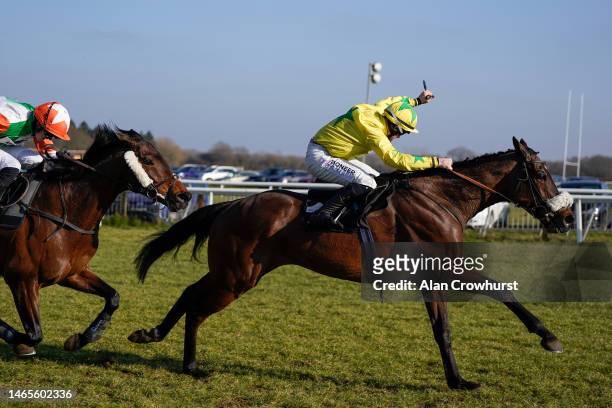 Sam Ewing riding Crossing The Bar clear the last to win The LWC Signature Stakes Conditional Jockeys' Handicap Hurdle at Plumpton Racecourse on...