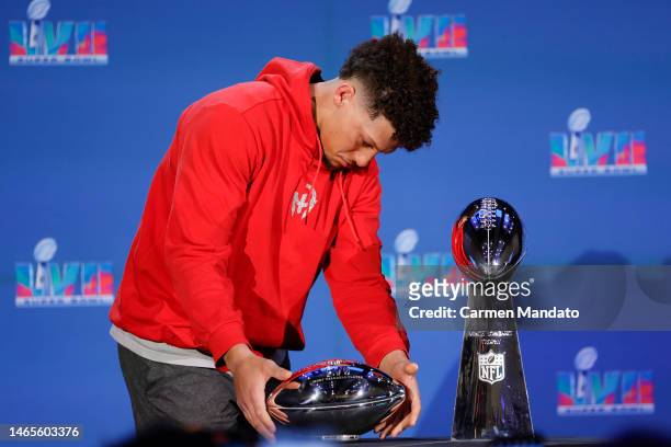 Kansas City Chiefs MVP Quarterback Patrick Mahomes speaks during a press conference at Phoenix Convention Center on February 13, 2023 in Phoenix,...