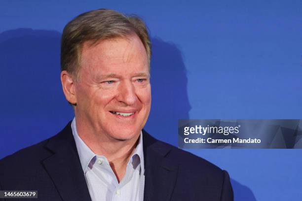 Commissioner Roger Goodell speaks during the Super Bowl LVII Host Committee Handoff Press Conference at Phoenix Convention Center on February 13,...