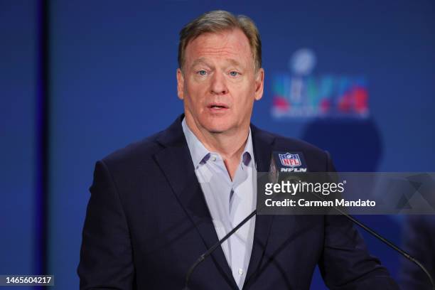 Commissioner Roger Goodell speaks during the Super Bowl LVII Host Committee Handoff Press Conference at Phoenix Convention Center on February 13,...